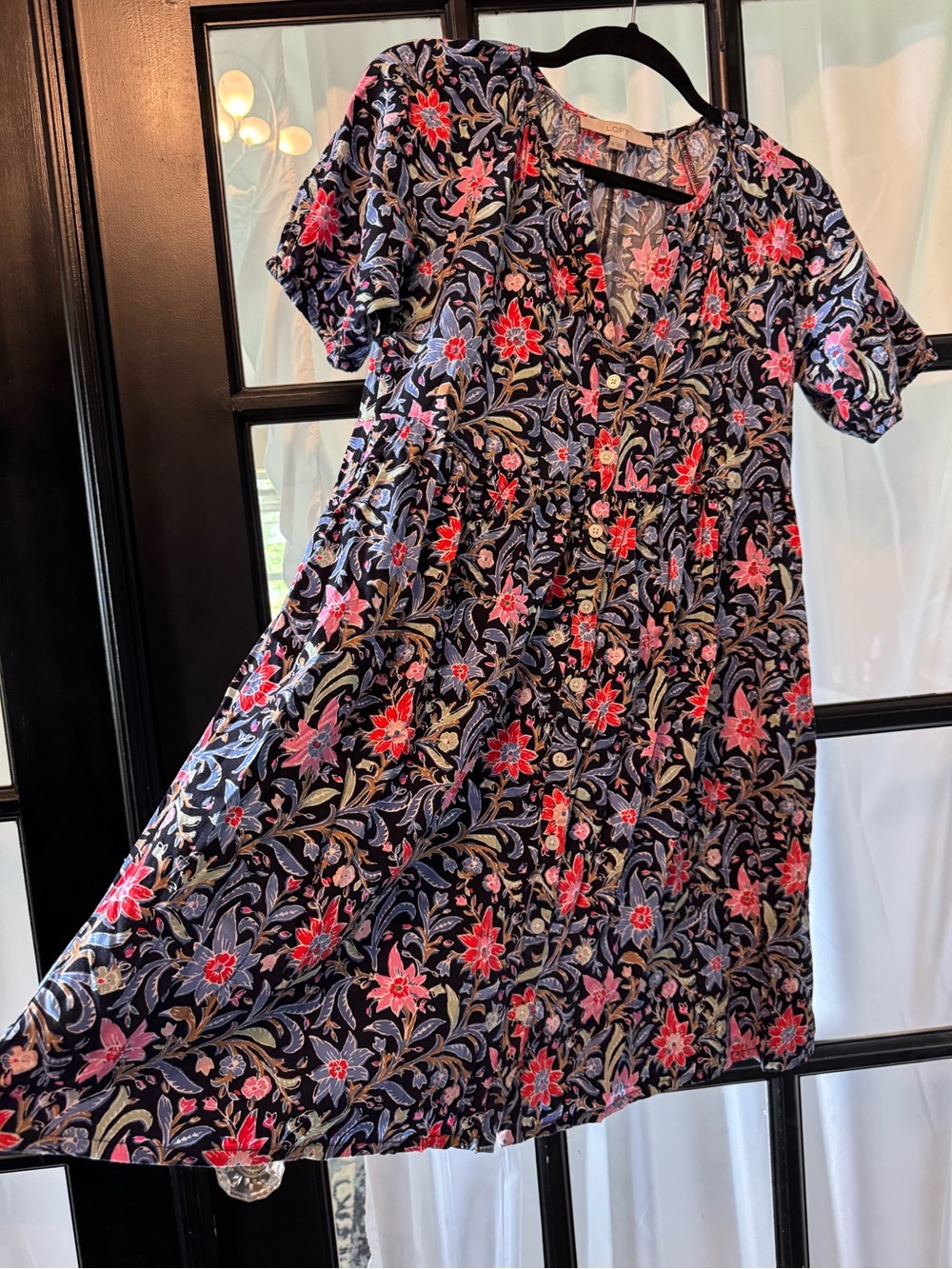 LOFT Navy Dress with Pink and Red Floral Print